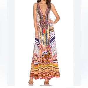 NWOT Camilla Silk Maxi Dress with crystals and front tie tassels